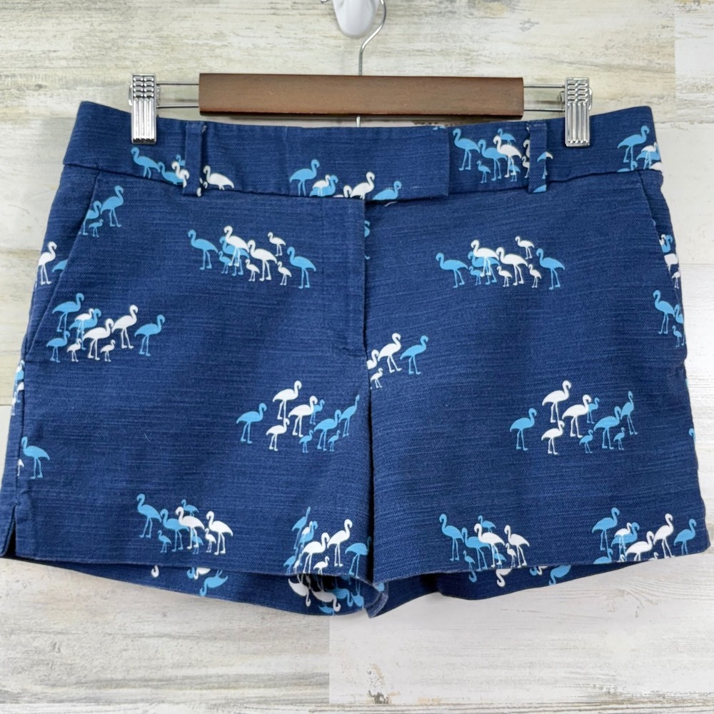 LOFT Riviera Shorts Womens 6 Blue Flamingo Print Textured Cotton Summer Preppy